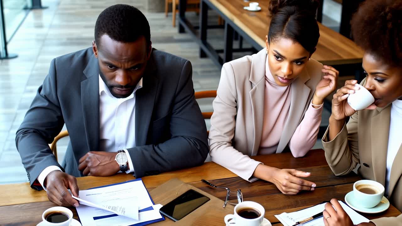Three people are sitting at a table in a cafe, one of them is drinking coffee