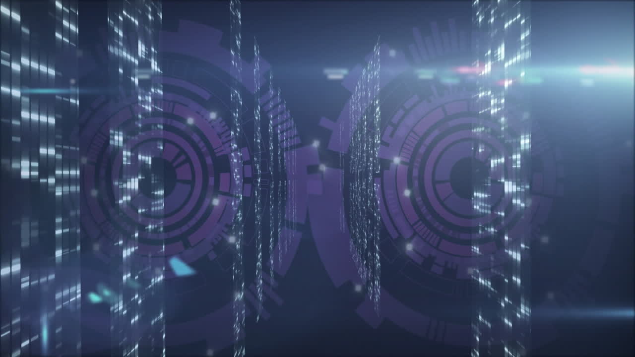 Animation of digital data streams flowing through futuristic circular interface design