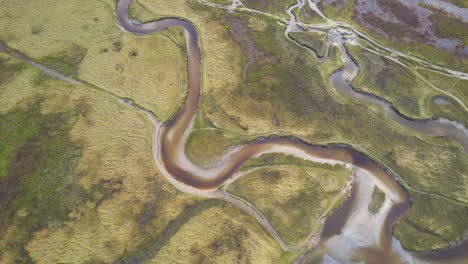 aerial flying over swampland in salt meadows at nature preserve near texel wadden island