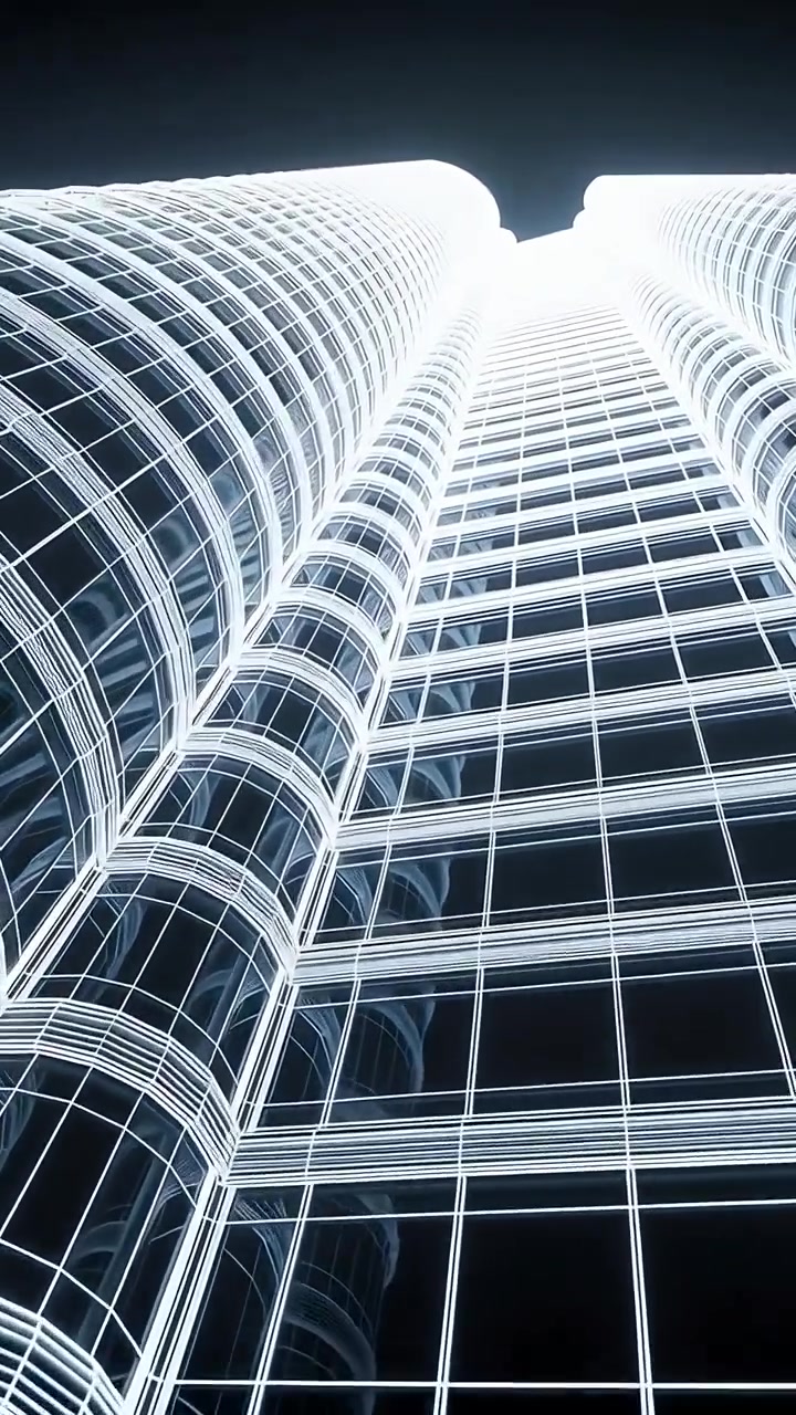 Vertical video: Intensifying neon lines on twin towers in atrium, drawing eye upward to light well