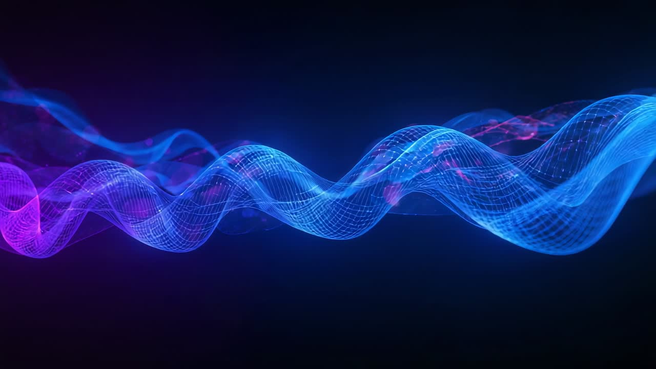Playback starting, glowing ribbon waveform moving right and waving on dark gradient, with particles