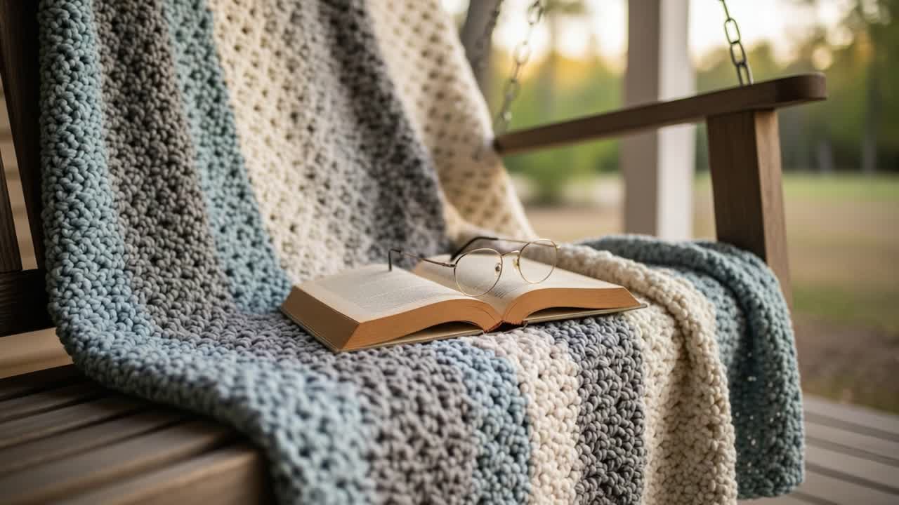 Cozy Reading Nook: A Knitted Blanket, Open Book, and Glasses on a Serene Outdoor Swing, Perfect for Relaxation and Enjoying Nature's Beauty