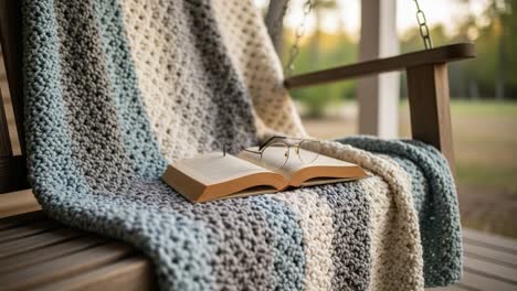 Cozy Reading Nook: A Knitted Blanket, Open Book, and Glasses on a Serene Outdoor Swing, Perfect for Relaxation and Enjoying Nature&#039;s Beauty
