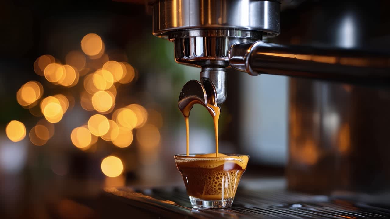 Warm lights glow softly behind. Rich espresso streams into a small glass. Machine pours with steady precision. Coffee's deep brown color glows invitingly. Ideal for cafe, luxury