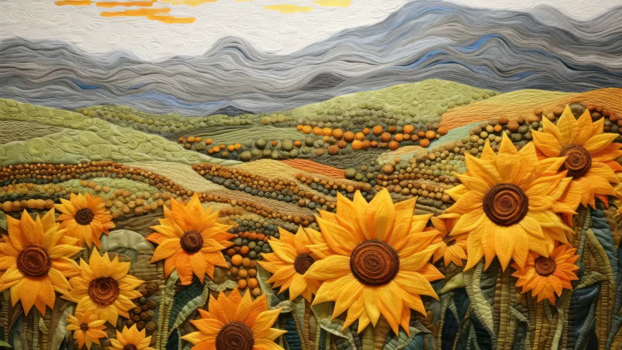 Vibrant quilt art depicting sunflowers and rolling hills, captured from a front angle