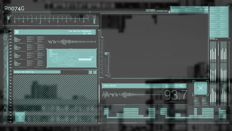 data analysis and performance monitoring animation over urban cityscape background