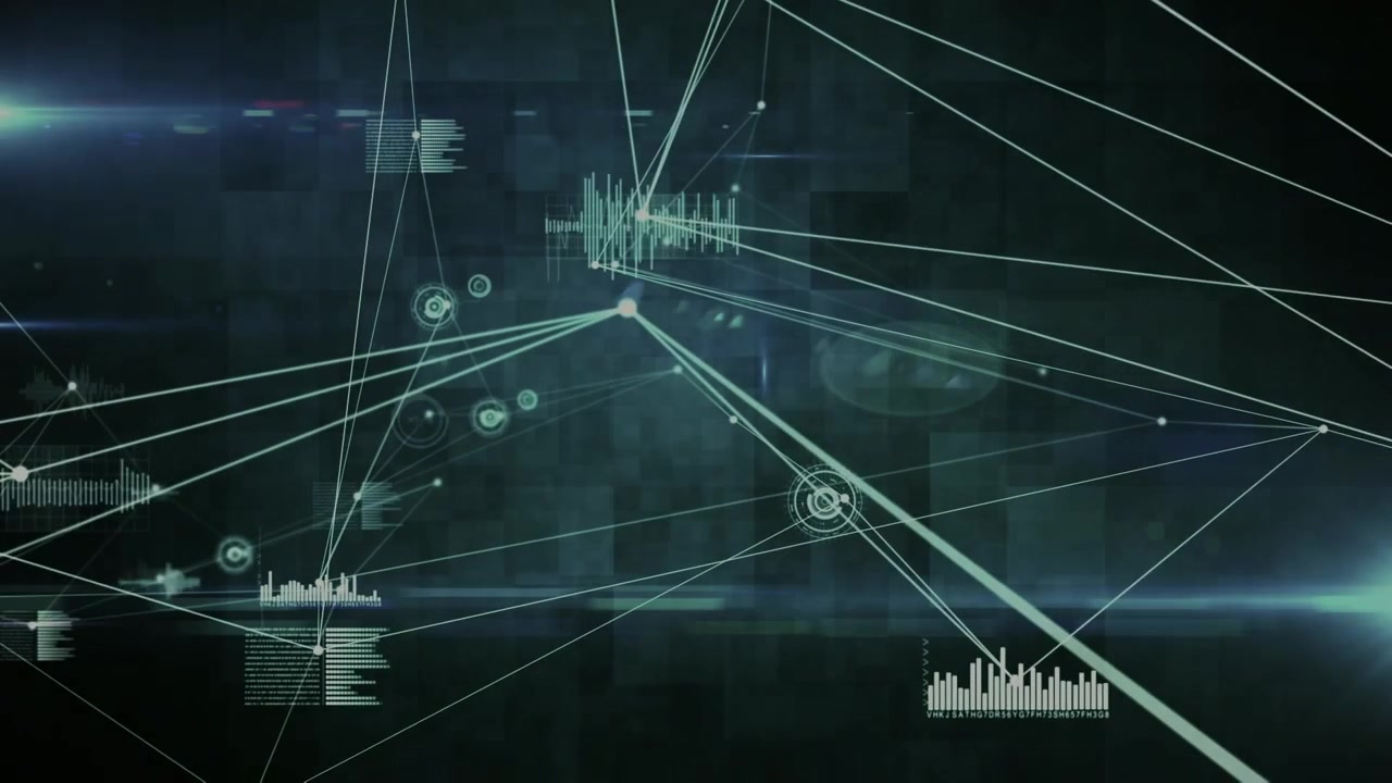 Network of connections and data processing against black background