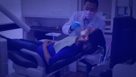 Animación-De-La-Falla-De-Conexión-De-Los-Puntos-Con-Un-Dentista-Masculino-Examinando-Los-Dientes-De-Una-Paciente