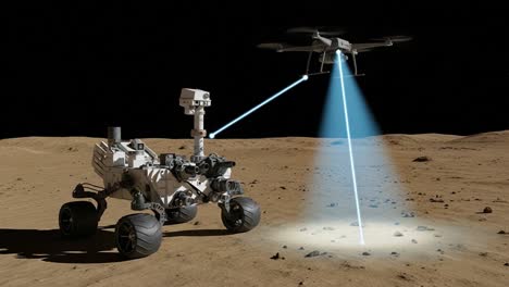 a futuristic exploration scene on a distant planet showcases a robotic rover working in tandem with a drone, illuminating an unknown surface for scientific analysis and discovery