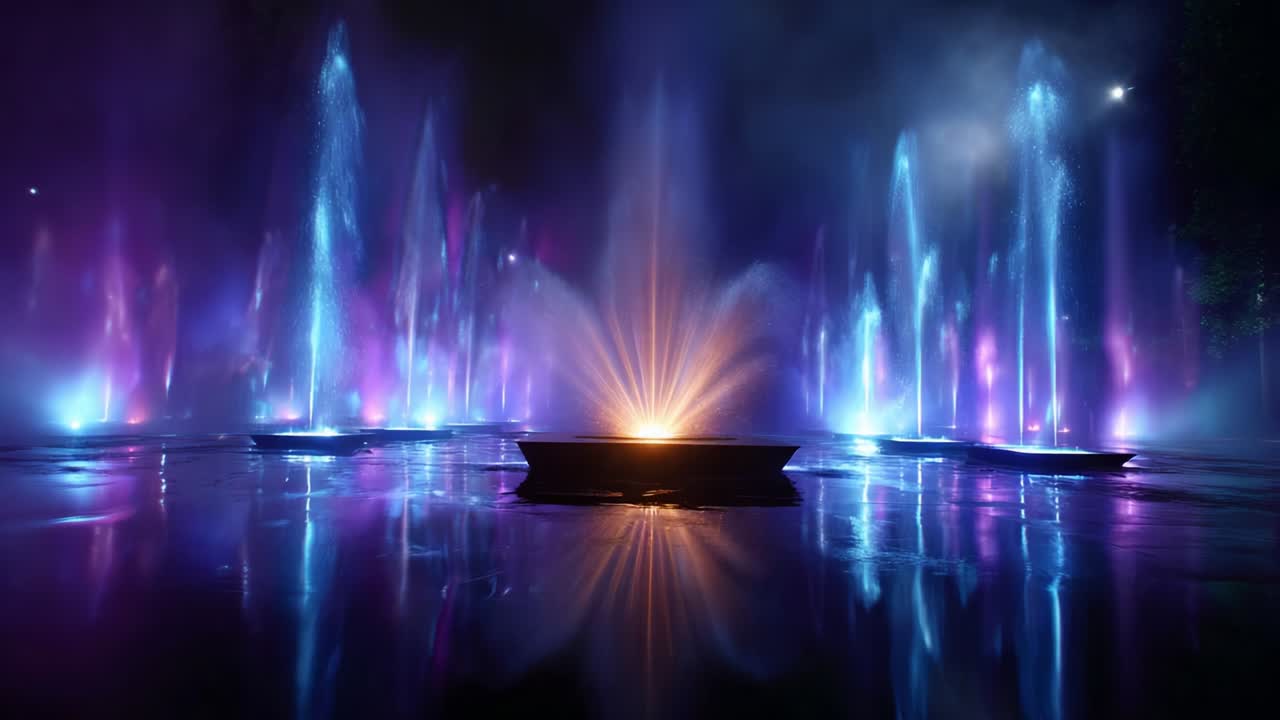 A Mesmerizing Nighttime Display of Colorful Fountains with Dynamic Water Jets, Illuminated by Vibrant Lights Creating a Stunning Reflection on a Calm Surface, Captured in Two Striking Frames