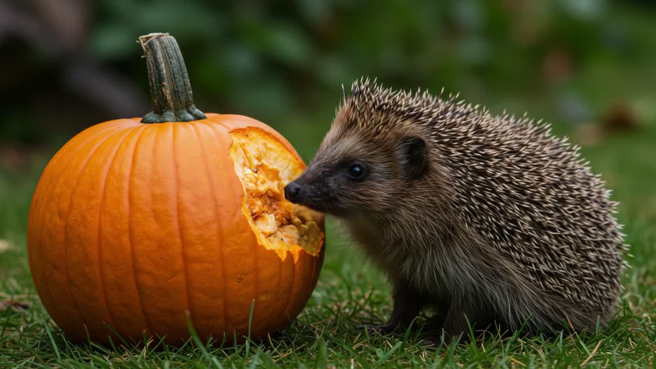 Neugieriger Igel mit einem Kürbis: Eine skurrile Begegnung in der Natur mit dem entzückenden stacheligen Geschöpf und seinem festlichen Snack.