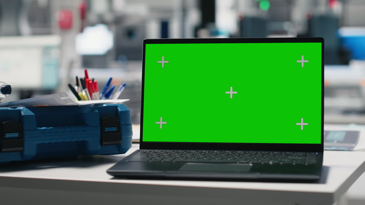 portátil con pantalla verde en un escritorio