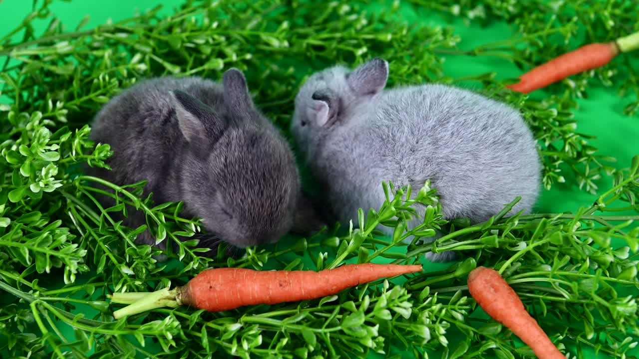 초록색 스크린 배경에 토끼. 영 동물과 부활절에 대한 똑똑한 애완동물