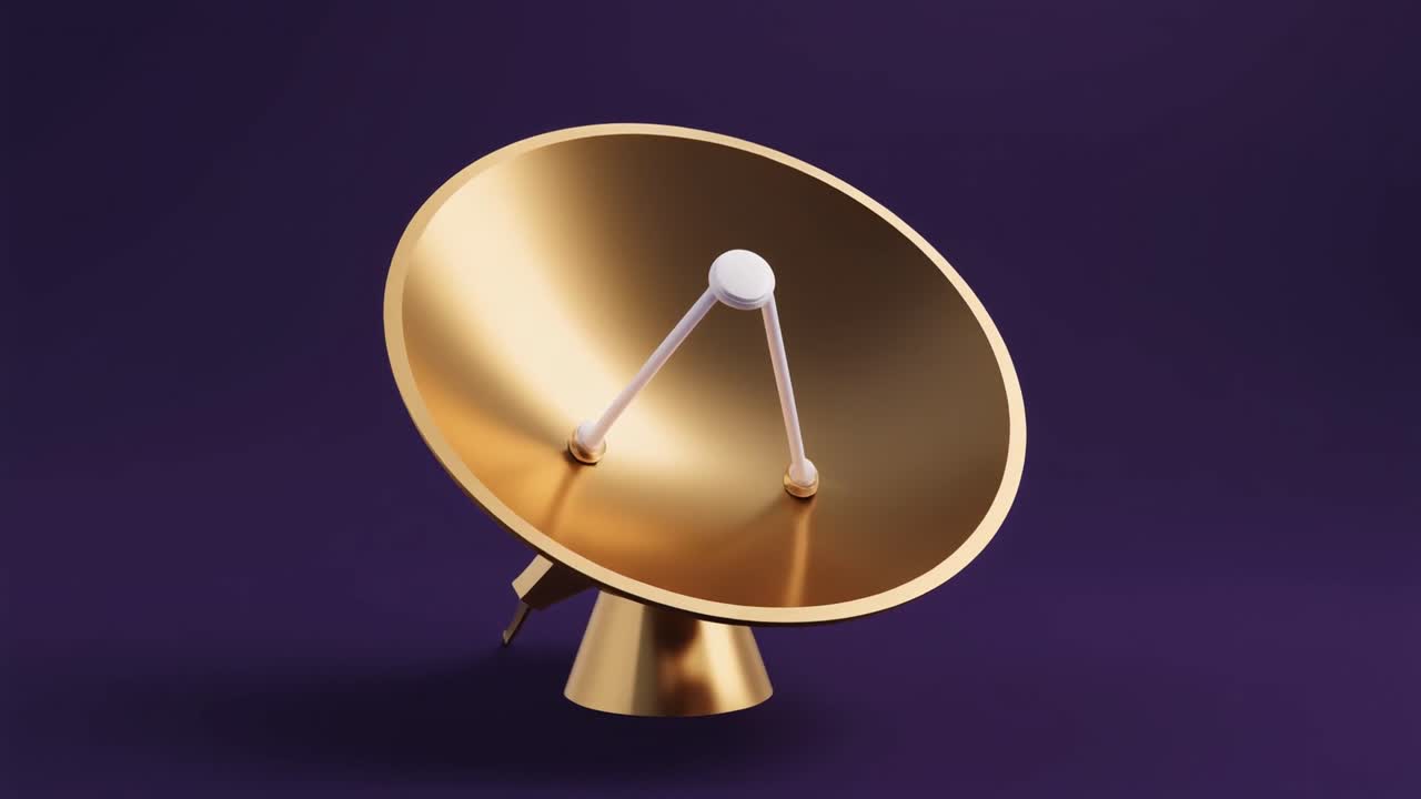 Antenna Parabolica Dorata in Rotazione su Sfondo Viola