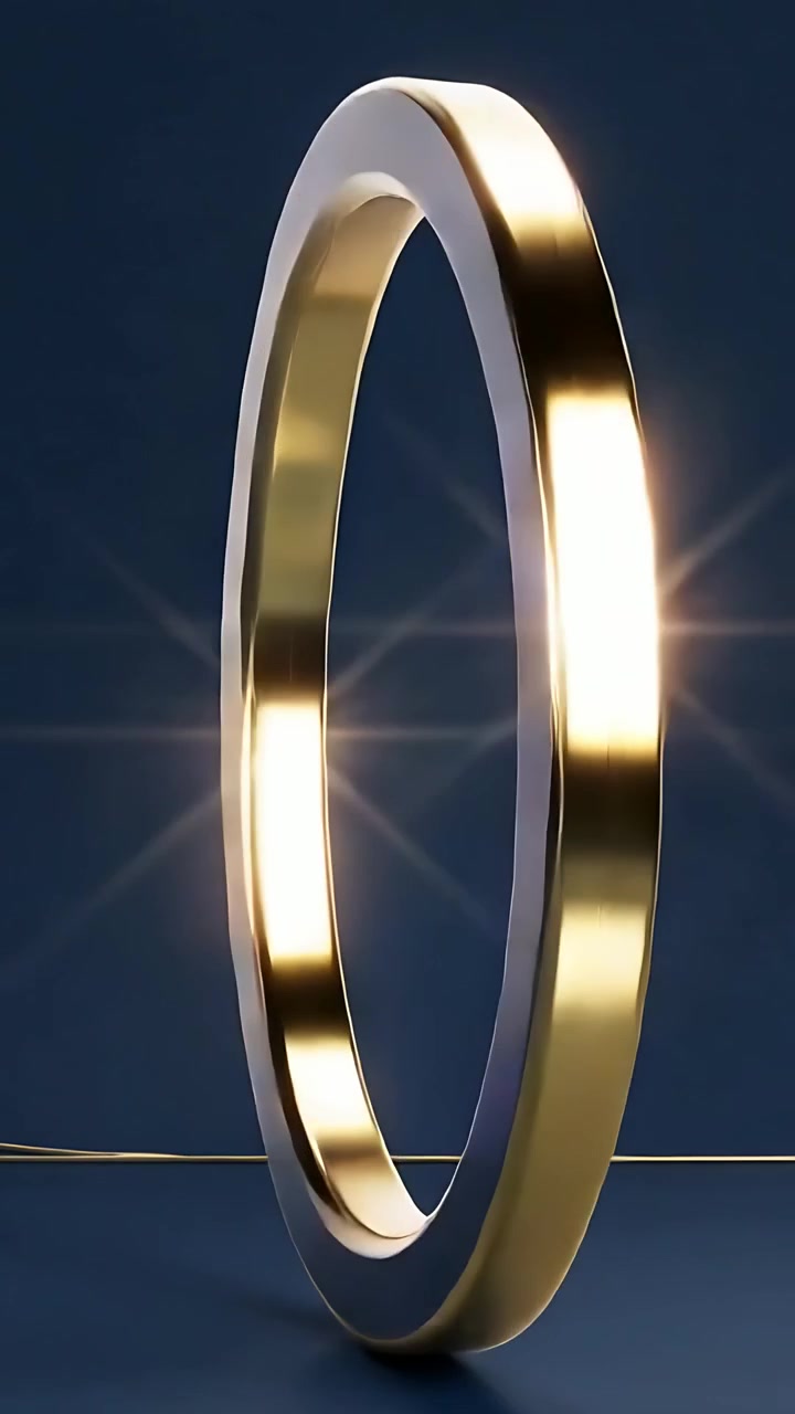 Vertical video: Rotating gold ring revealing inner rim on dark-blue floor, with rod and lens flare