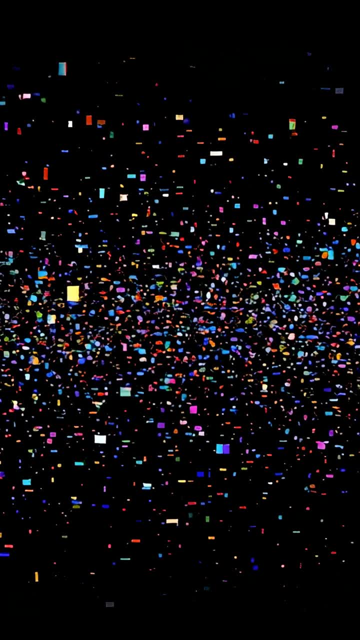 Vertical video: Pixel fragments rising upward filling black field, flickering with glitch effect