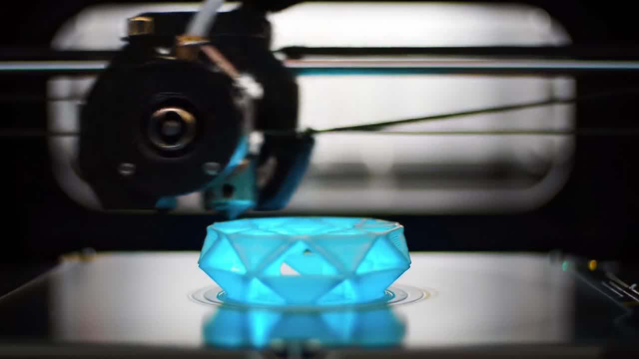 Captivating Glimpse of 3D Printing Technology Showcasing an Iridescent Blue Gem Being Formed Layer by Layer in a Modern Printing Process