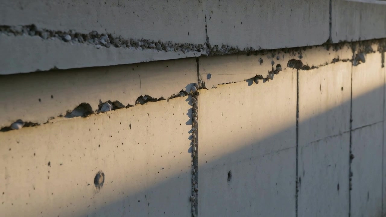 Kamera panorerer til højre langs en betonvæg ved en gangsti, der afslører en fuge med løst tilslag for detaljer.