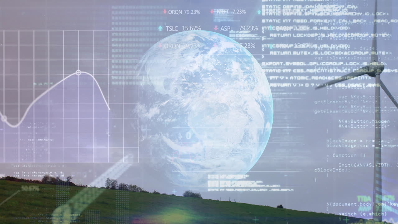 Holographic Earth globe spinning beside turbine, displaying grid chart, code, stock ticker arrows