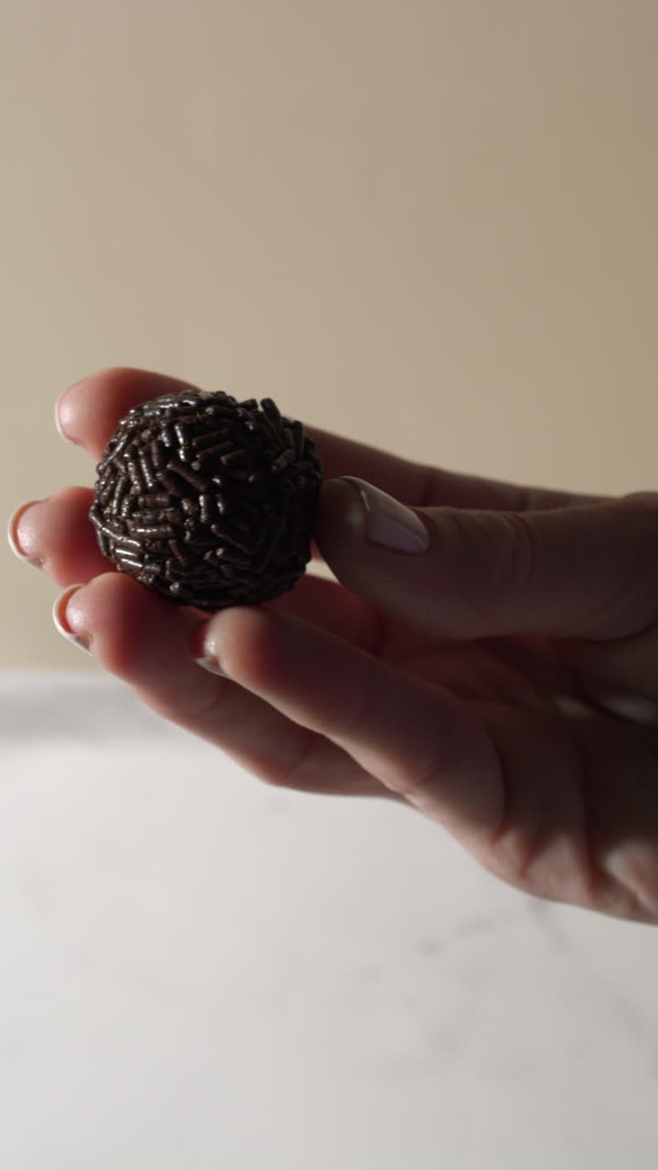 Close-up of a hand gently holding a chocolate truffle choco ball covered in dark sprinkles. Neutral background and soft lighting highlight texture, indulgence, and artisanal dessert quality.