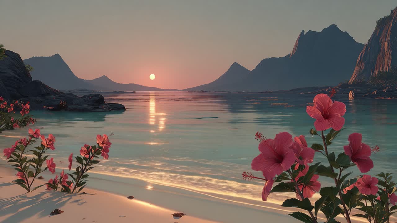 Sakin sular üzerinde huzurlu bir gün batımı, manzaralı bir sahil şeridinde sahneyi çerçeveleyen canlı hibiskus çiçekleriyle.