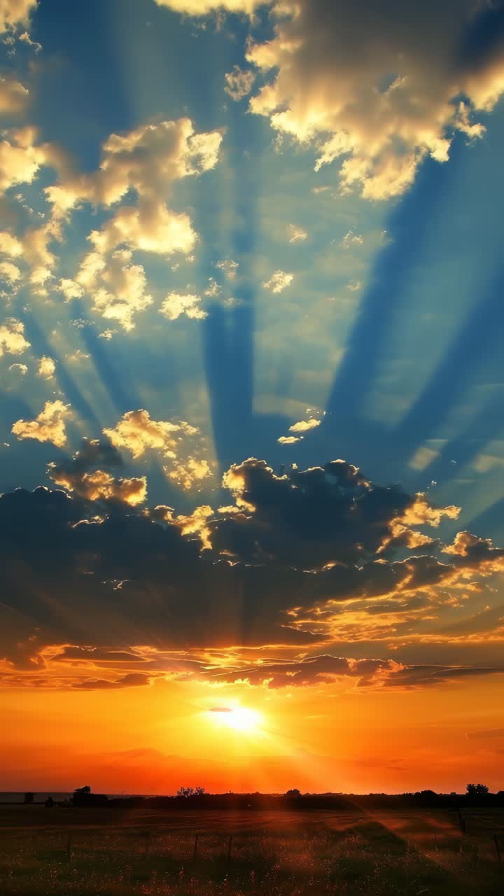 A stunning low-angle shot of a vibrant sunset with dramatic clouds and sun rays, perfect