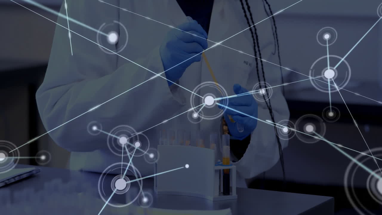 플을 가져가는 백인 과학자에 대한 연결 네트워크의 애니메이션