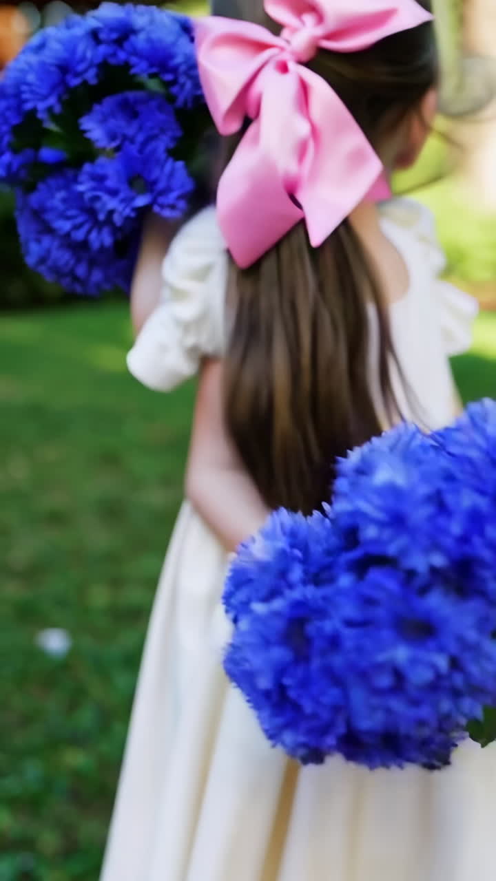 Little Girl in a White Dress with Pink Bow in a Garden
