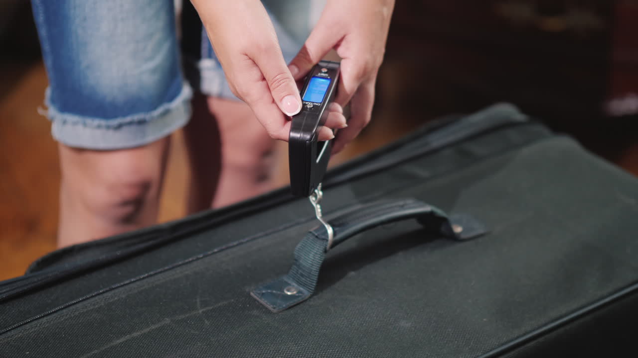 mujer joven pesa bolsa pesada antes de viajar