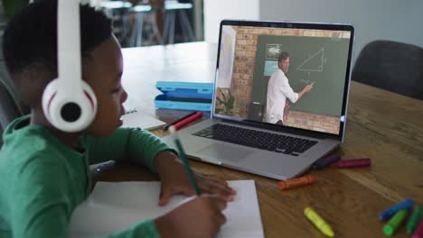 Niño-Afroamericano-Sentado-En-El-Escritorio-Usando-Una-Computadora-Portátil-Teniendo-Una-Lección-Escolar-En-Línea