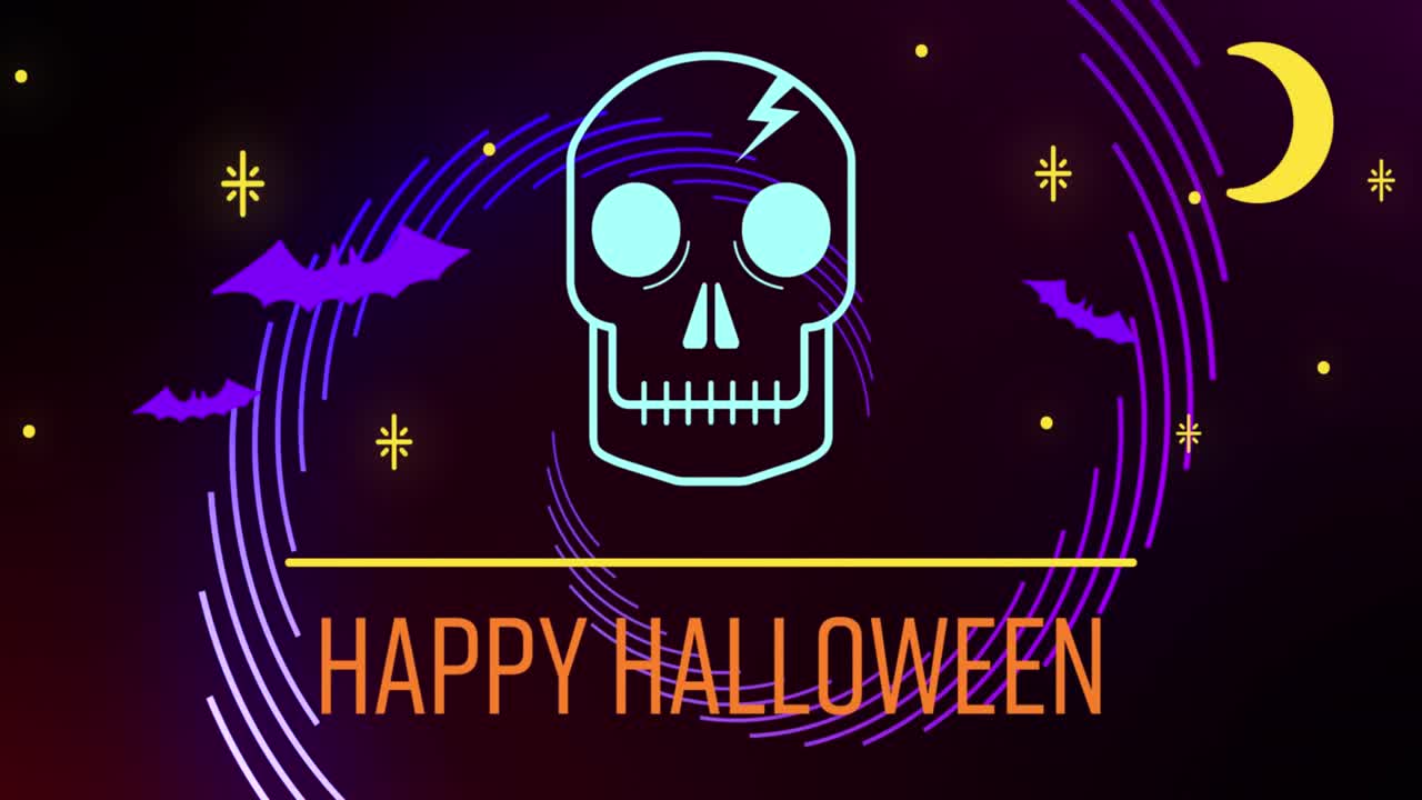 animación de texto de felicitaciones de halloween de neón con cráneo y patrón de neón