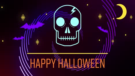 Animation-of-neon-halloween-greetings-text-with-skull-and-neon-pattern