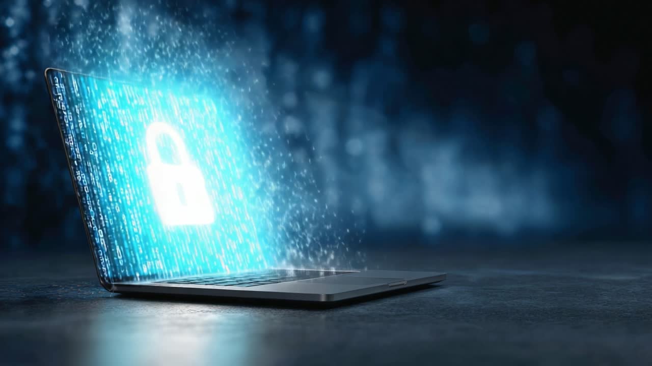 A Futuristic Laptop Displaying a Digital Lock, Symbolizing Advanced Cybersecurity and Online Privacy in the Age of Technology