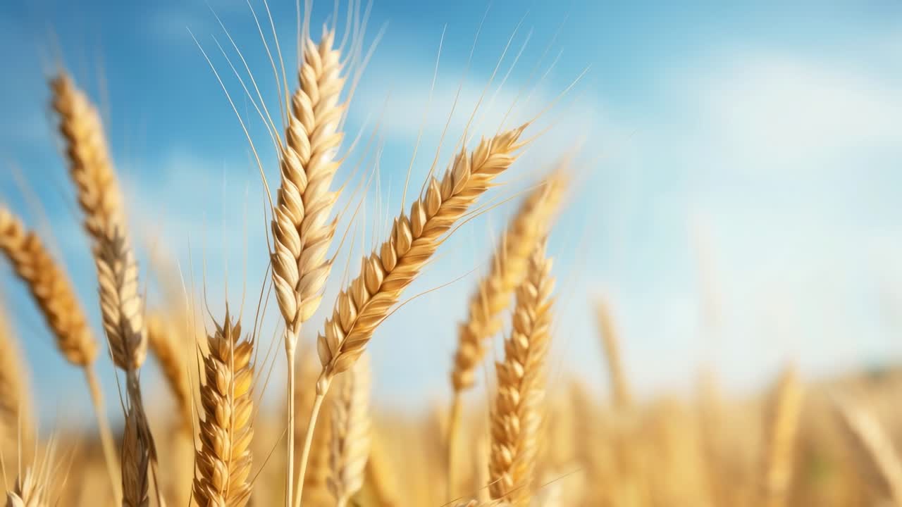 Close-up, low-angle view of golden wheat against a blue sky, capturing the essence of nature's