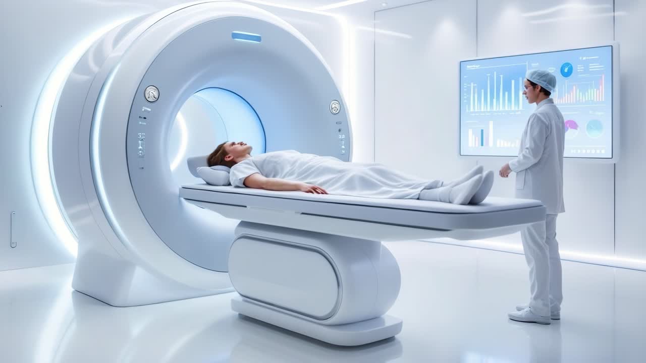 Patient lies on examination table inside MRI machine in a sleek medical environment, while healthcare professional monitors the process, showcasing advanced imaging technology and sterile surroundings