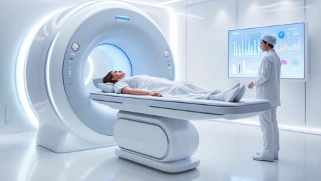 patient lies on examination table inside mri machine in a sleek medical environment, while healthcare professional monitors the process, showcasing advanced imaging technology and sterile surroundings