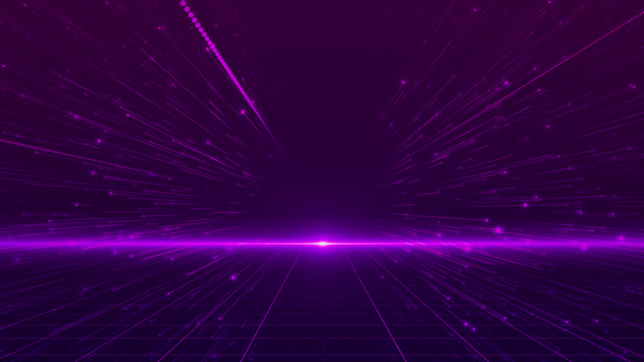 Dynamic glowing purple light flares racing across futuristic digital grid horizon creating depth