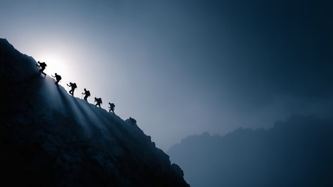 Silhouetted Climbers Ascend Rugged Mountain Ridge Under Ethereal Light in Dramatic Atmosphere Captured in Two Key Frames