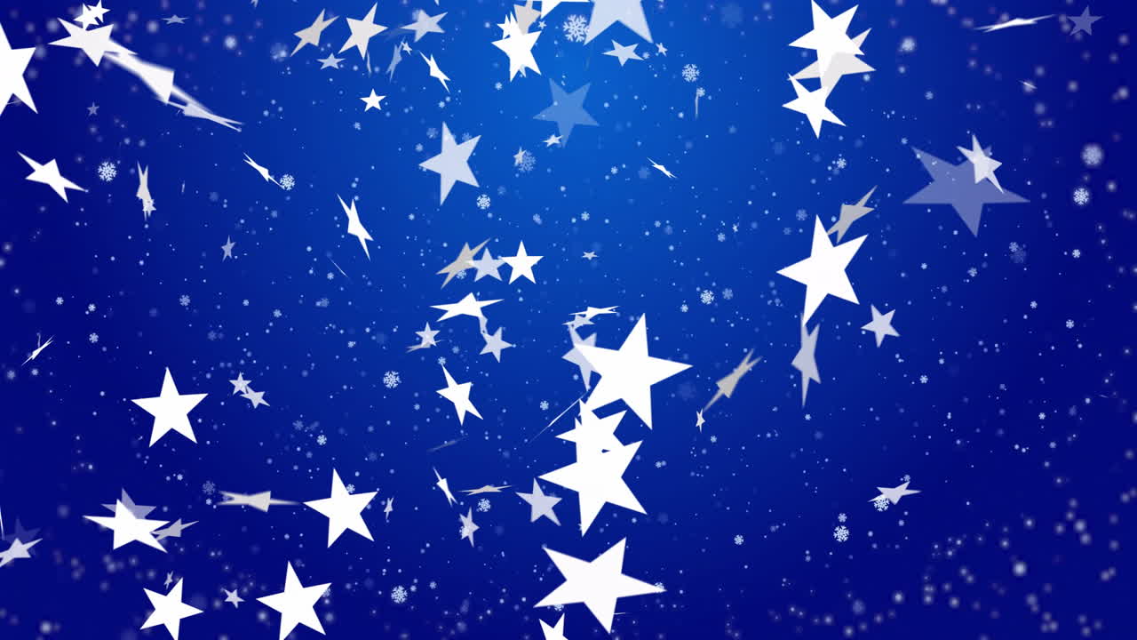 Falling white stars and snowflakes animation on blue background