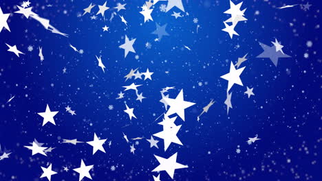 falling white stars and snowflakes animation on blue background