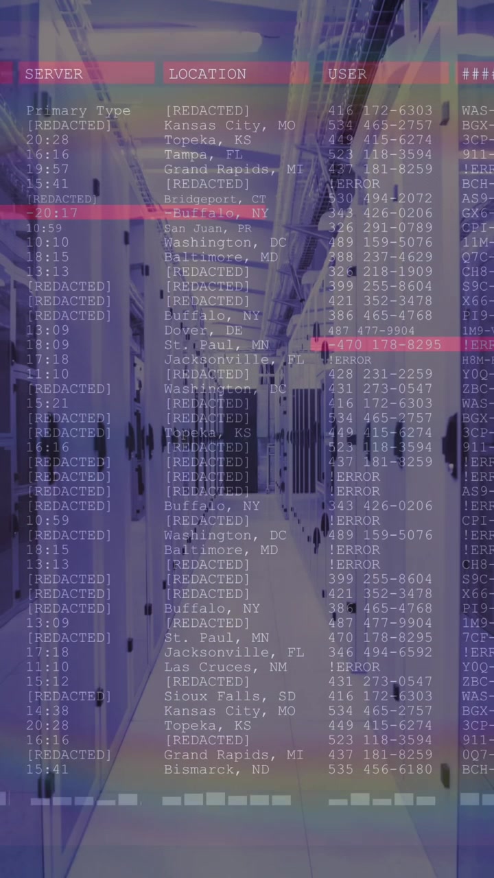Animation of data processing on computer screens over tech room with computer servers