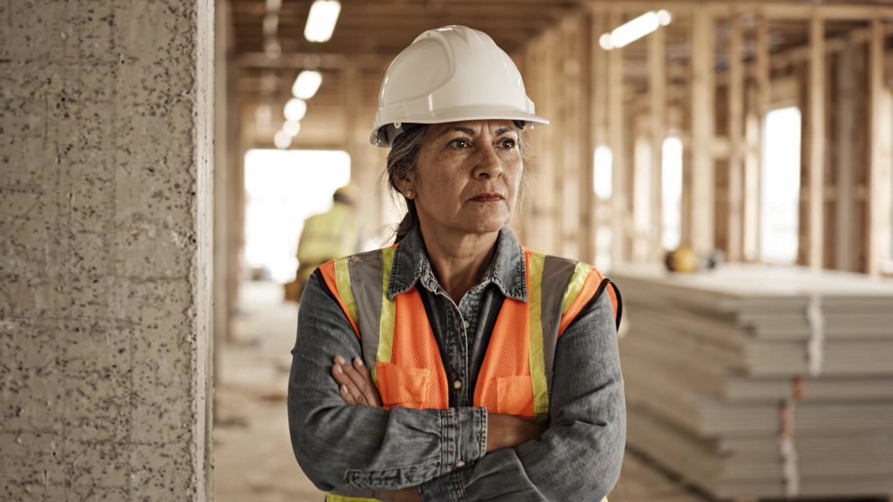 Un operaio edile fiducioso che supervisiona i progressi in un cantiere, mostrando leadership ed esperienza, garantendo sicurezza ed efficienza nell'ambiente frenetico