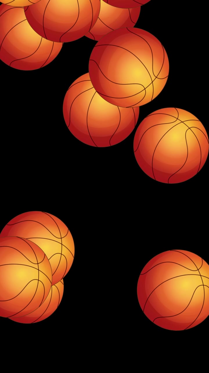 Animated orange basketballs bounce and collide across a vertical black frame with dynamic movement.