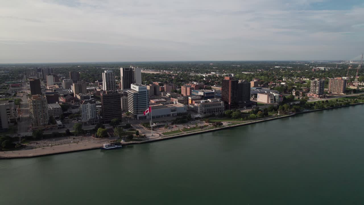 Aerial panorama of Windsor, Ontario skyline, 4K