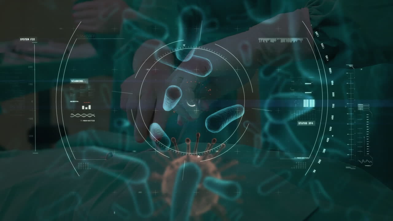 animación de células de covid-19 flotando sobre el escaneo del alcance y el cirujano operando