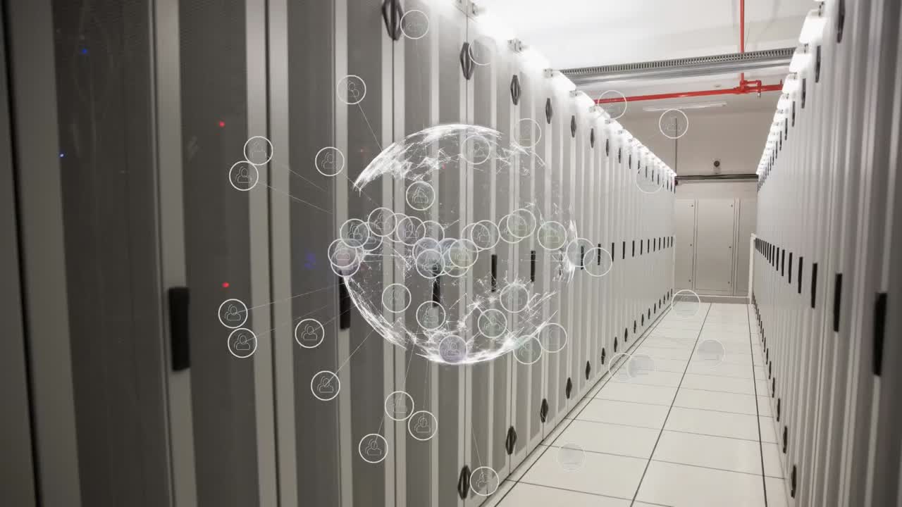 animación del globo y los iconos de los medios sobre la sala del servidor