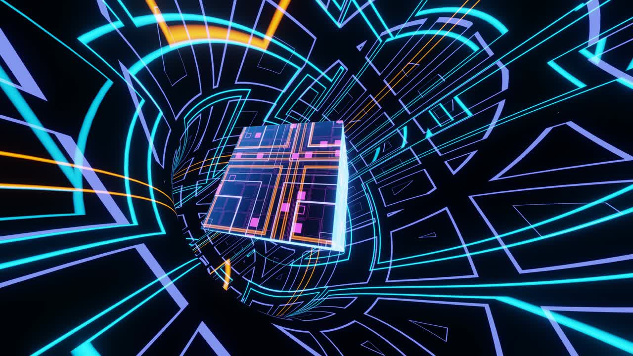 VJ loop Animation of a glowing cube flying through an endless Sci Fi tunnel.