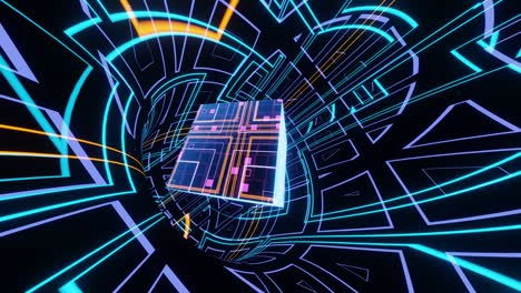 una animación en bucle de un cubo brillante que vuela a través de un interminable túnel de ciencia ficción.