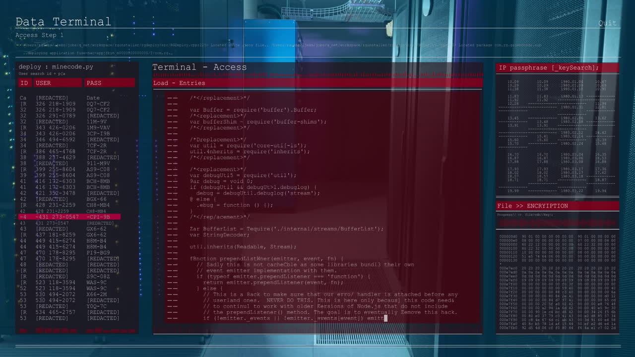 Animation of computer language and interface over server room