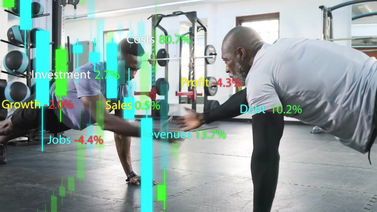 Dois homens fazendo flexões e toques alternados na academia, com gráficos financeiros sobrepostos simbolizando força.